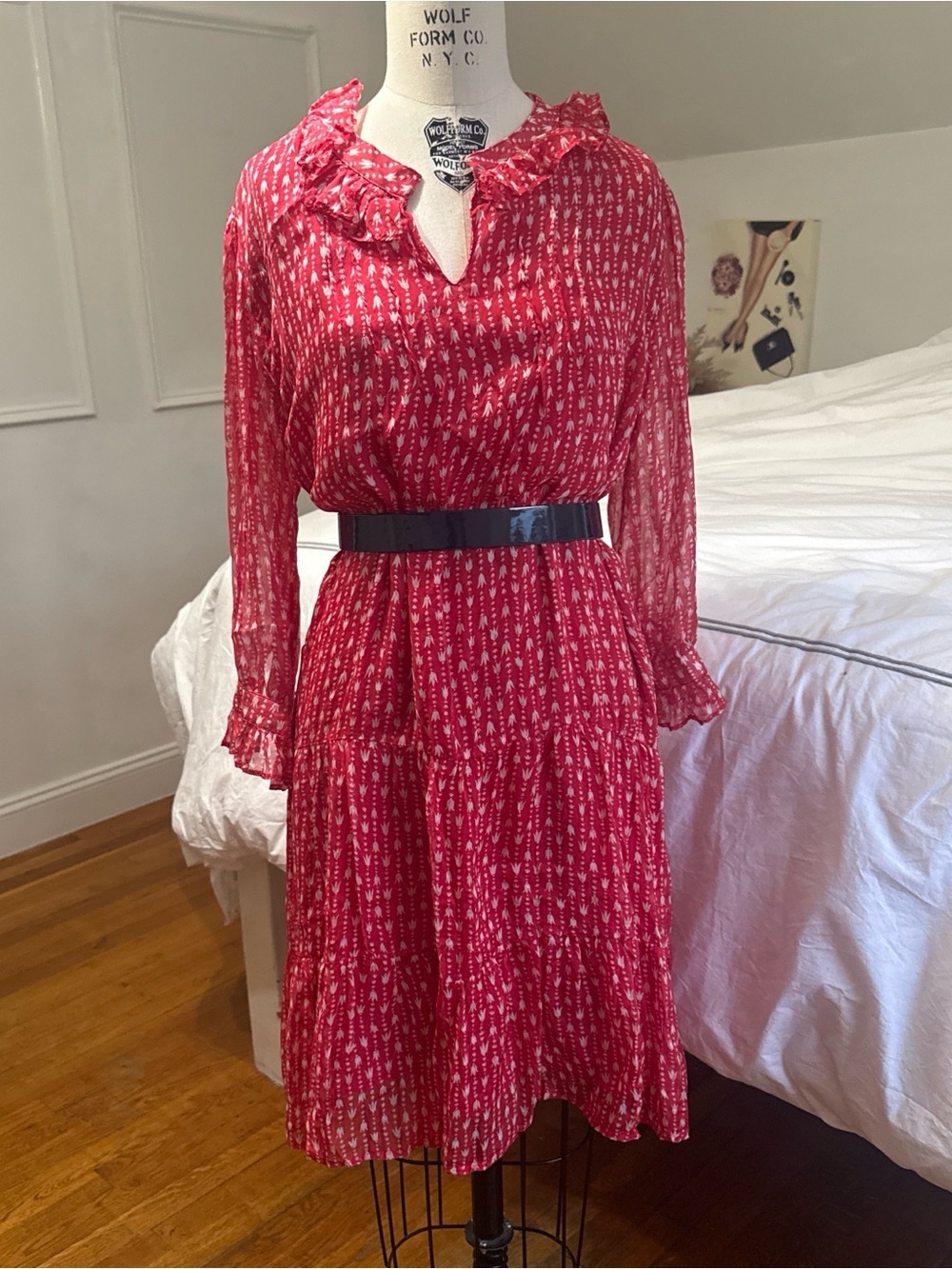 Red Printed Long-Sleeve Ruffle Dress - Picture 2 of 9
